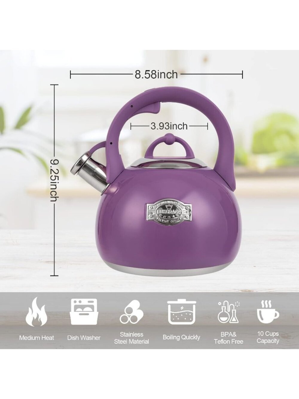 Purple Kitchen Whistling Tea Kettle 3.1 Quart Stainless Steel Stovetop Tea Pot - Picture 5 of 7